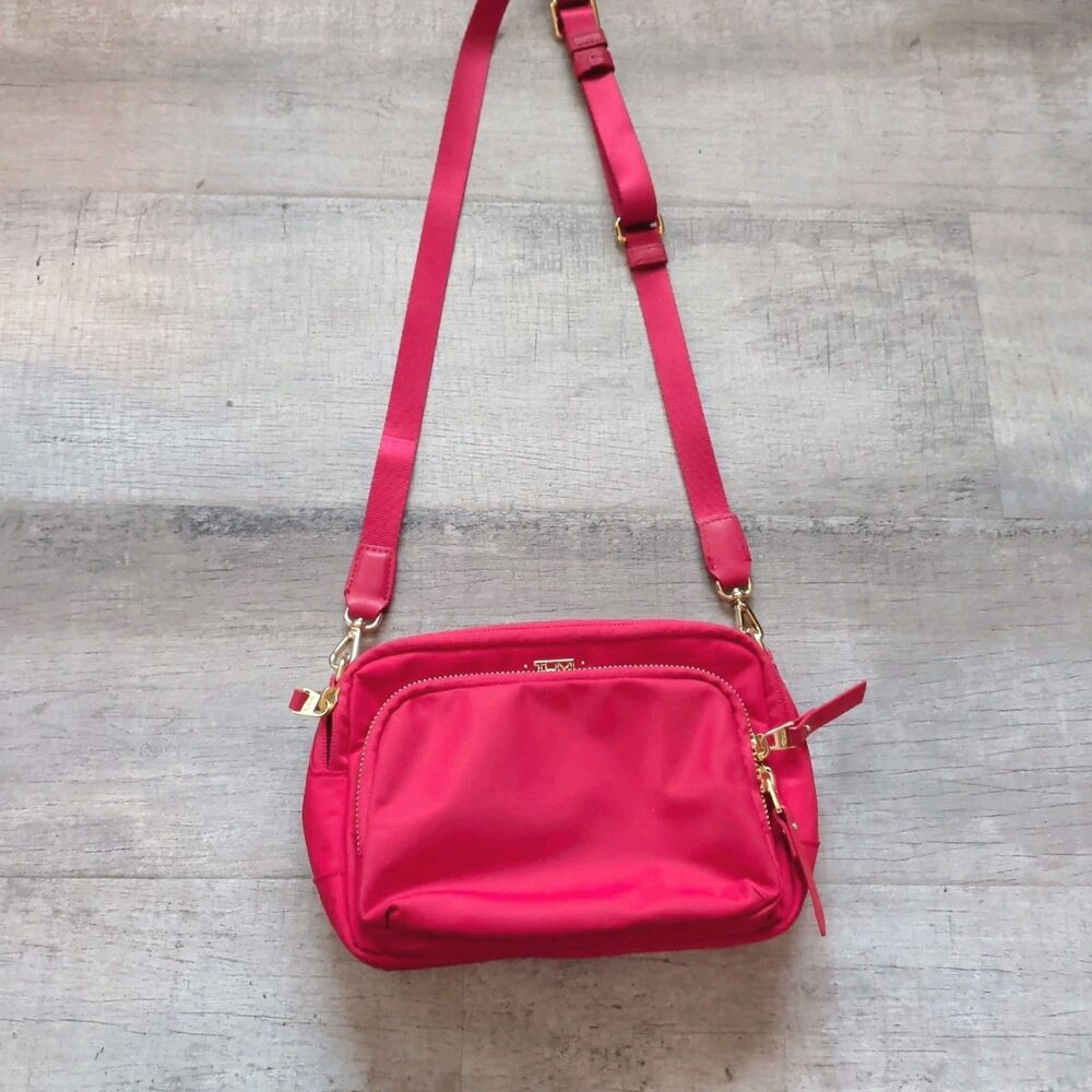 New TUMI Voyageur Persia Nylon Crossbody Bag Red Gold Hardware Carera Purse